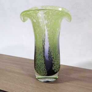 Vintage Teleflora Hand Blown Art Glass Vase Green Purple Ruffled Petal Flared
